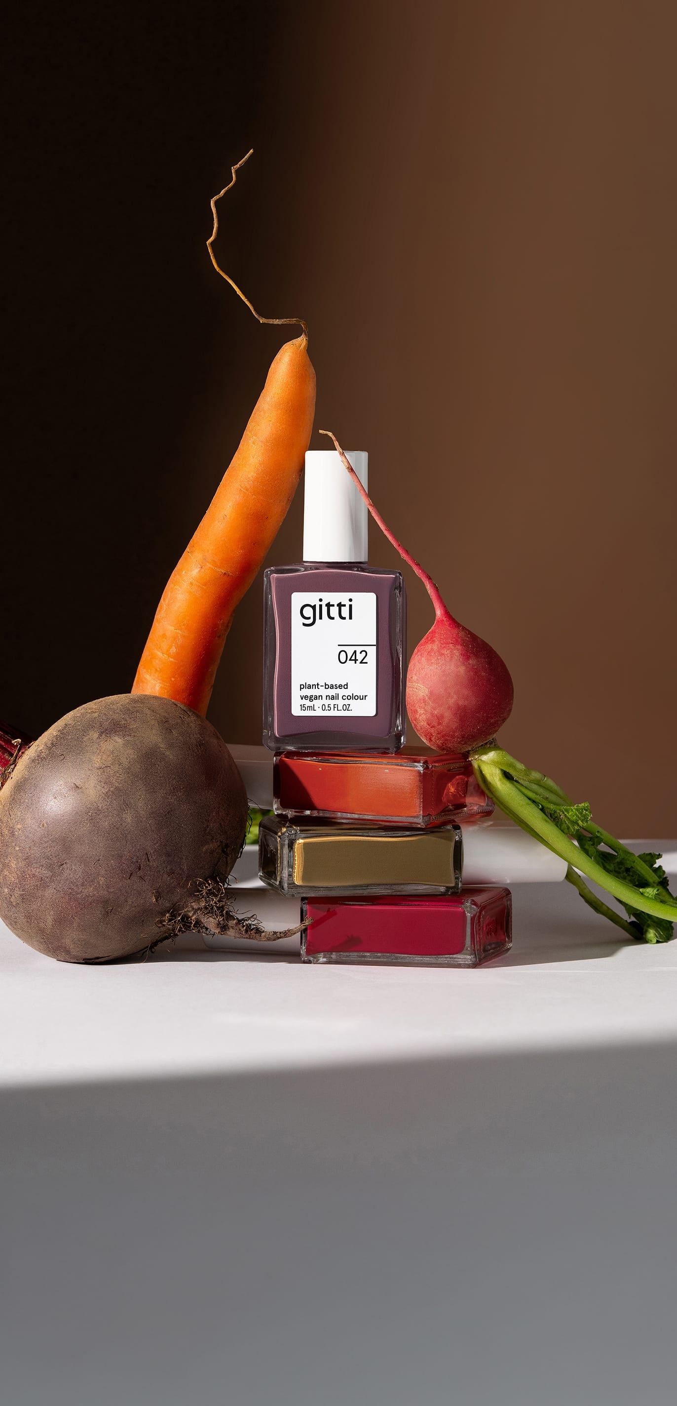 Grounded Collection Fall Shades in front of fall vegetables in matching colors